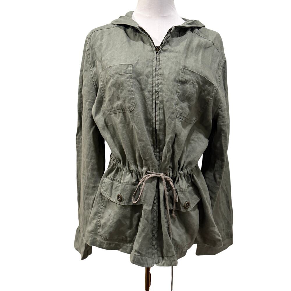 St Tropez West Olive Green 100% Linen Utility Jacket Large Coastal Safari Chic